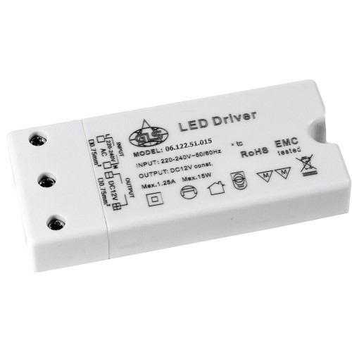 06.122.51.015  Источник питания стаб. напр. для LED 220VAC/12VDC, max 15Вт, пласт.корп. 97,5х42х16мм