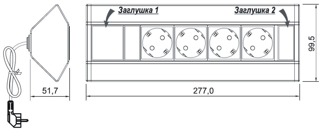 11.107.02.012 Бл.роз.угл.TRINGLE-U,4роз.250В, макс 3.5кВт, IP20, 277х74х74мм,1.8м кабель,серебристый