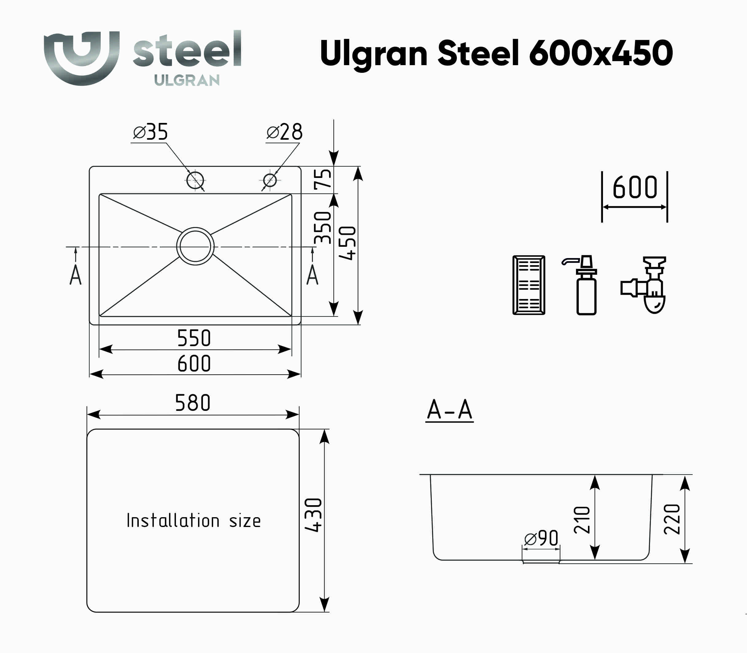 Мойка ULGRAN STEEL 600 Х 450, цвет «чёрная брашированная сталь»