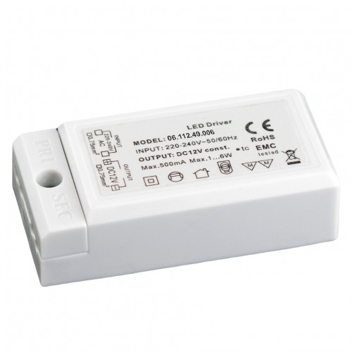 06.112.49.006  Источник питания стаб. напр. для LED 220VAC/12VDC, max 6Вт, пласт.корп. 68x33x20мм