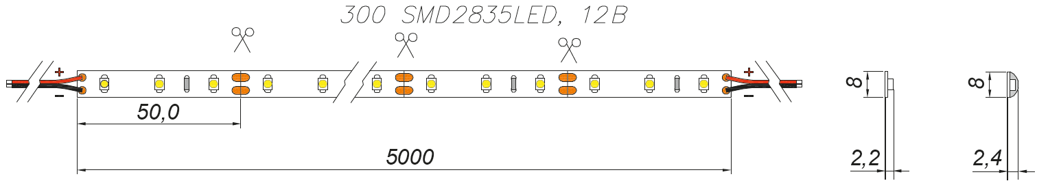 04.012.50.320  Лента К1, 2835 IP20, 60LED/м, 3000K, 12В, 4,8Вт/м, 257Лм./м, CRI>70, 5мх8мм